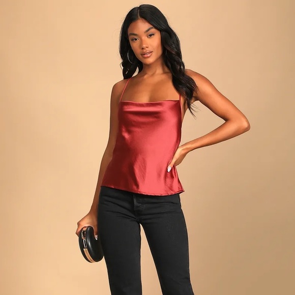 Tops - NEW Rust Orange Satin Lace-Up Cowl Neck Tank Top